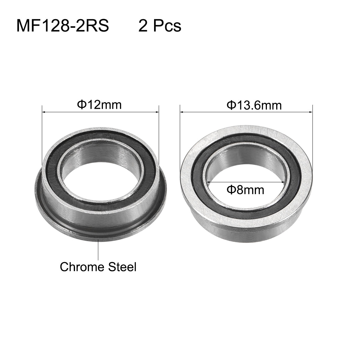 uxcell Uxcell MF128-2RS Flange Ball Bearing 8x12x3.5mm Sealed Chrome Steel Bearings 2pcs