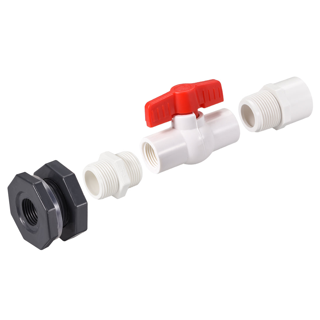 uxcell Uxcell PVC Ball Valve Connector Spigot Kit G1/2, with Bulkhead, Grey White Red 2Pcs