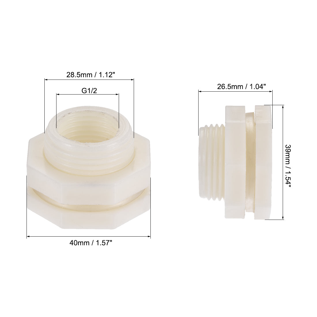 uxcell Uxcell Bulkhead Fitting, G1/2 Female 1.12" Male, Tube Adaptor Fitting, with Silicone Gasket and Pipe Connector, for Water Tanks, PVC, White, Pack of 4