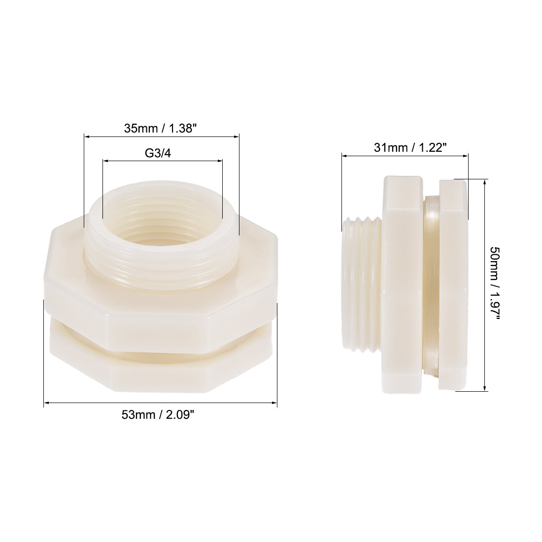 uxcell Uxcell Bulkhead Fitting, G3/4 Female 1.38" Male, Tube Adaptor Fitting, with Silicone Gasket and Pipe Connector, for Water Tanks, PVC, White, Pack of 2