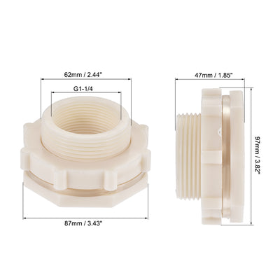 Harfington Uxcell Bulkhead Fitting, G1-1/2 Female 2.44" Male, Tube Adaptor Fitting, with Silicone Gasket and Pipe Connector, for Water Tanks, PVC, White