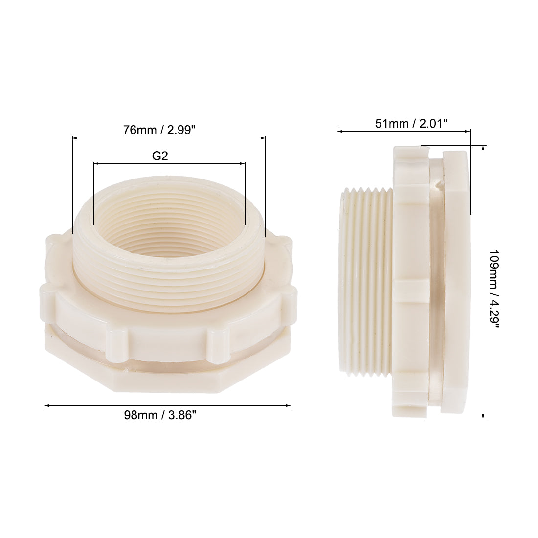 uxcell Uxcell Bulkhead Fitting, G2 Female 2.99" Male, Tube Adaptor Fitting, with Silicone Gasket and Pipe Connector, for Water Tanks, PVC, White
