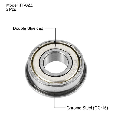 Harfington Uxcell FR6ZZ Flange Ball Bearing 3/8"x7/8"x9/32" Shielded Chrome Steel Bearings 5pcs