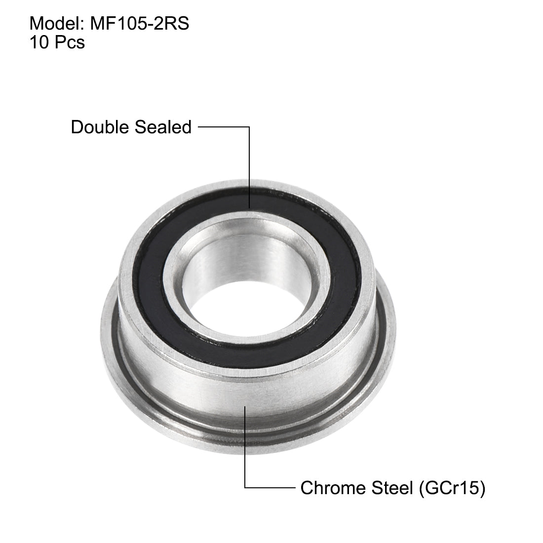 uxcell Uxcell MF105-2RS Flange Ball Bearing 5x10x4mm Double Sealed Chrome Steel Bearing 10pcs