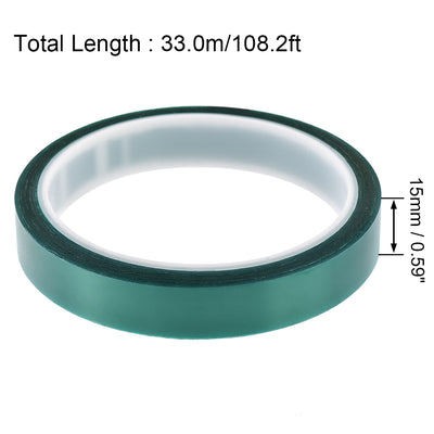 Harfington Uxcell 15mm PET Tape Green High Temperature Tape 33.0m/108.2ft 2 Roll