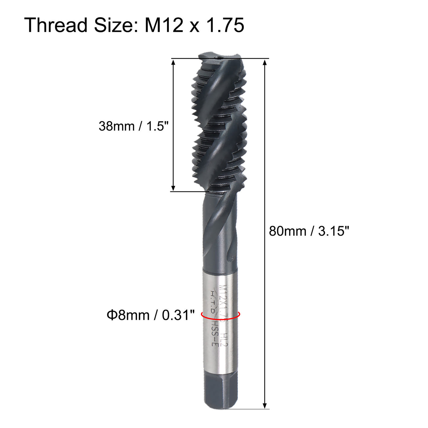 uxcell Uxcell M12 x 1.75 Spiral Flute Tap Metric Machine Thread Tap HSS Nitriding Coated