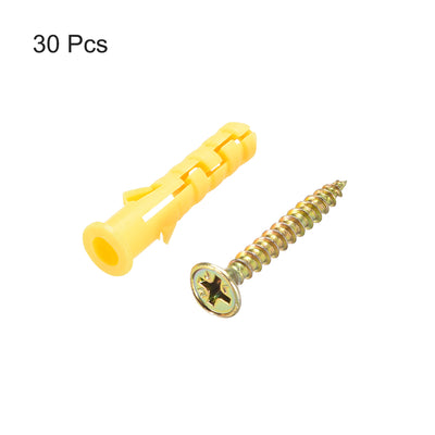 Harfington Uxcell 6x30mm Plastic Expansion Tube for Drywall with Screws Yellow 30pcs