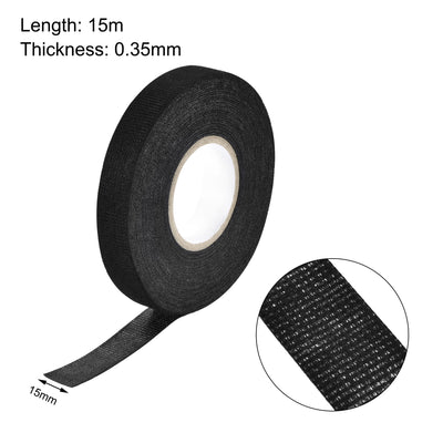 Harfington Uxcell Adhesive Cloth Fabric Tape Wire Harness Looms Single-Side 15mm x 15m Black