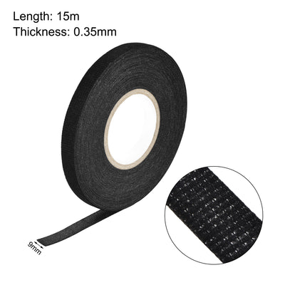 Harfington Uxcell Adhesive Cloth Fabric Tape Wire Harness Looms Single-Side 9mm x 15m Black 2 Pcs