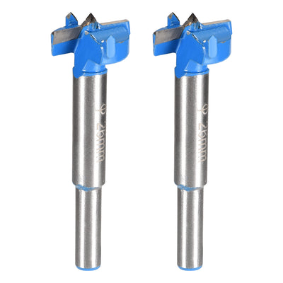 Harfington Uxcell Forstner Wood Boring Drill Bit 26mm Dia. Hole Saw Carbide Alloy Tip Steel Round Shank Cutting for Woodworking Blue 2Pcs