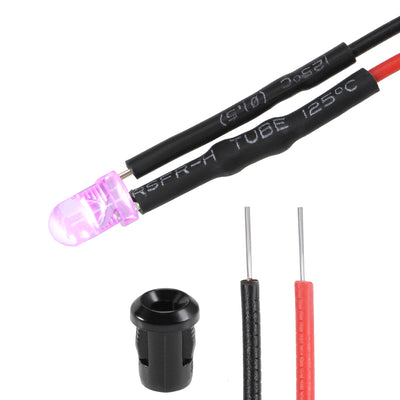 Harfington Uxcell 5Set DC 12V 3mm Pre Wired LED with Holder, Pink Light Round Top Clear Lens, 6mm Panel Mount