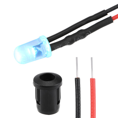 Harfington Uxcell 20Set DC 12V 5mm Pre Wired LED with Holder, Ice-Blue Light Round Top Clear Lens, 8mm Panel Mount