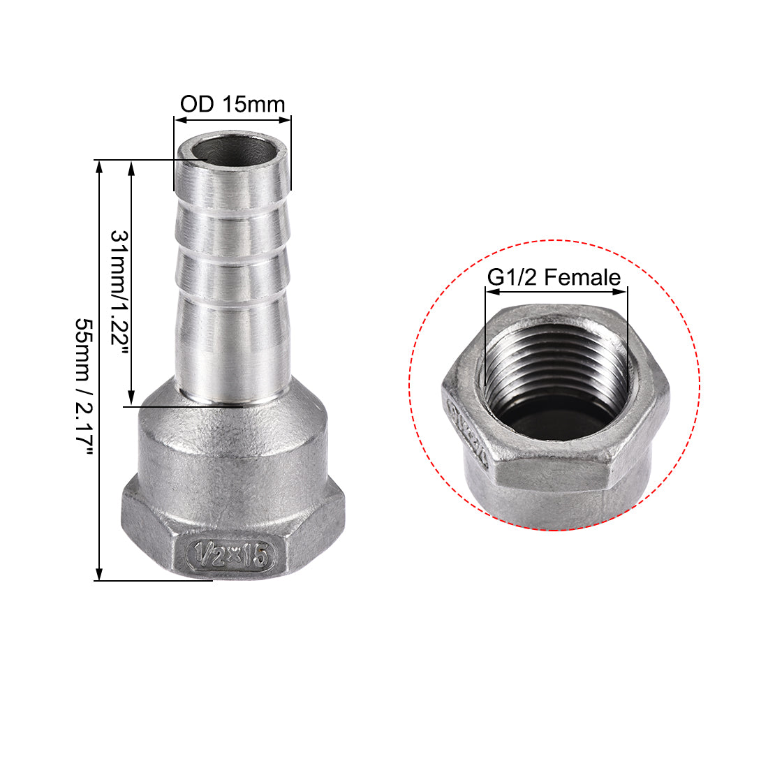 uxcell Uxcell 304 Stainless Steel Hose Barb Fitting Coupler 15mm Barb G1/2 Female Thread