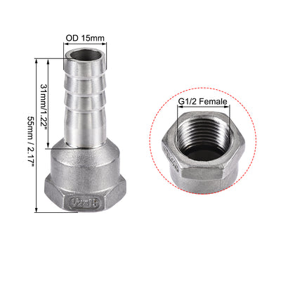 Harfington Uxcell 304 Stainless Steel Hose Barb Fitting Coupler 15mm Barb G1/2 Female Thread