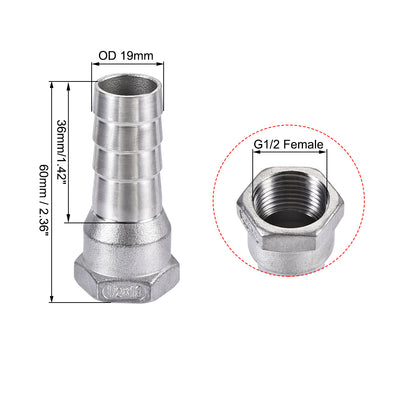 Harfington Uxcell 304 Stainless Steel Hose Barb Fitting Coupler 19mm Barb G1/2 Female Thread 2Pcs