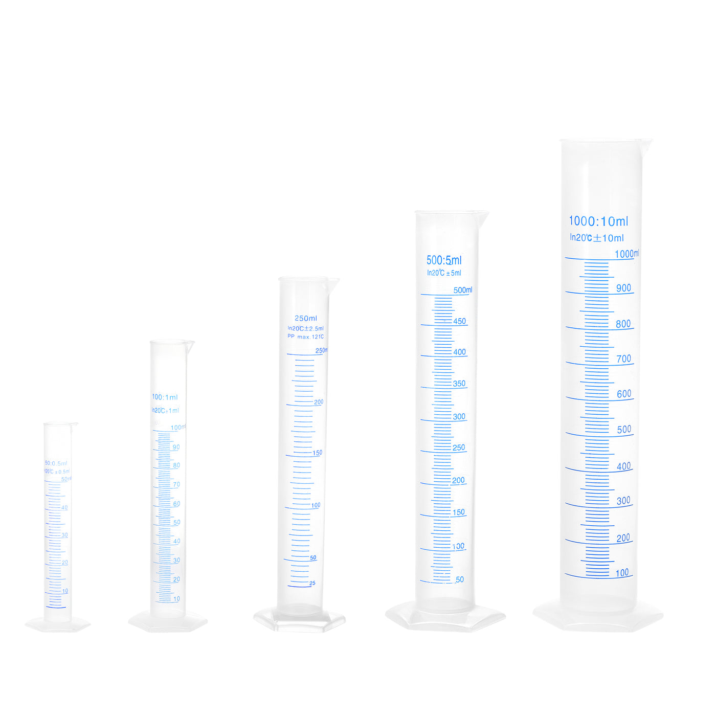 uxcell Uxcell Plastic Graduated Cylinder, 50ml 100ml 250ml 500ml 1000ml Measuring Cylinder,  Double-Sided Metric Marking, Clear Hex Base, 5 in 1 Set