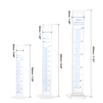 Harfington Uxcell Plastic Graduated Cylinder, 50ml 100ml 250ml Measuring Cylinder,  Double-Sided Metric Marking, Clear Hex Base, 3 in 1 Set