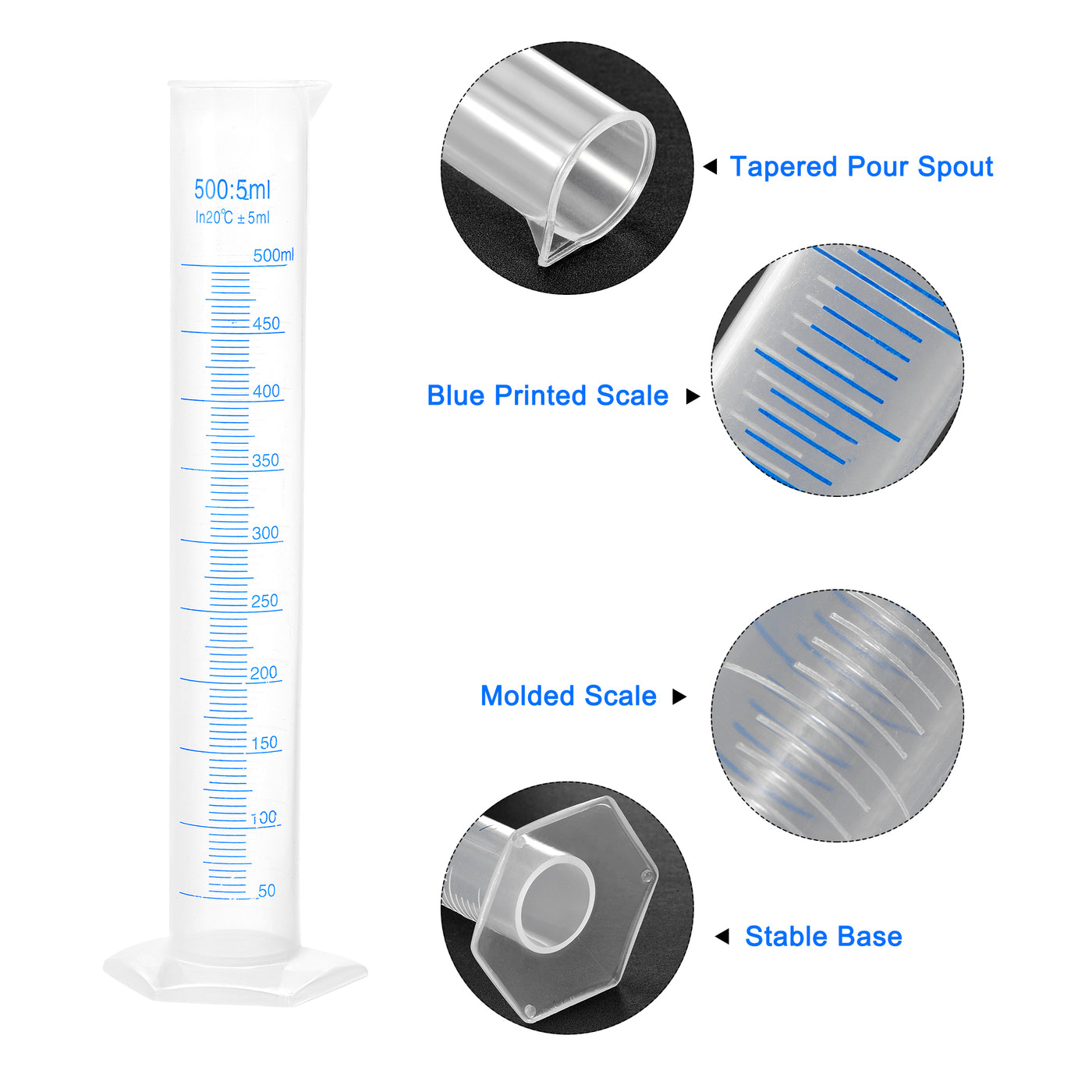 uxcell Uxcell Plastic Graduated Cylinder, 100ml 250ml 500ml Measuring Cylinder,  Double-Sided Metric Marking, Clear Hex Base, 3 in 1 Set