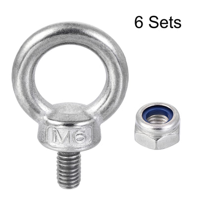 Harfington Uxcell Lifting Eye Bolt M6 x 12mm Male Thread with Hex Screw Nut for Hanging, 304 Stainless Steel, 6 Sets