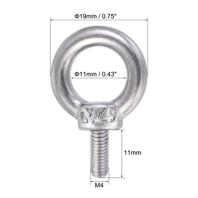 Harfington Uxcell Lifting Eye Bolt M4 x 11mm Male Thread with Hex Screw Nut Gasket Flat Washer for Hanging, 304 Stainless Steel, 2 Sets