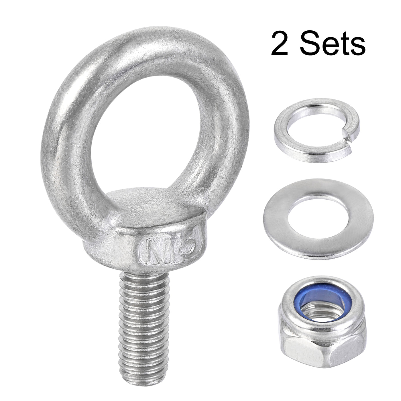 uxcell Uxcell Lifting Eye Bolt M5 x 13mm Male Thread with Hex Screw Nut Gasket Flat Washer for Hanging, 304 Stainless Steel, 2 Sets