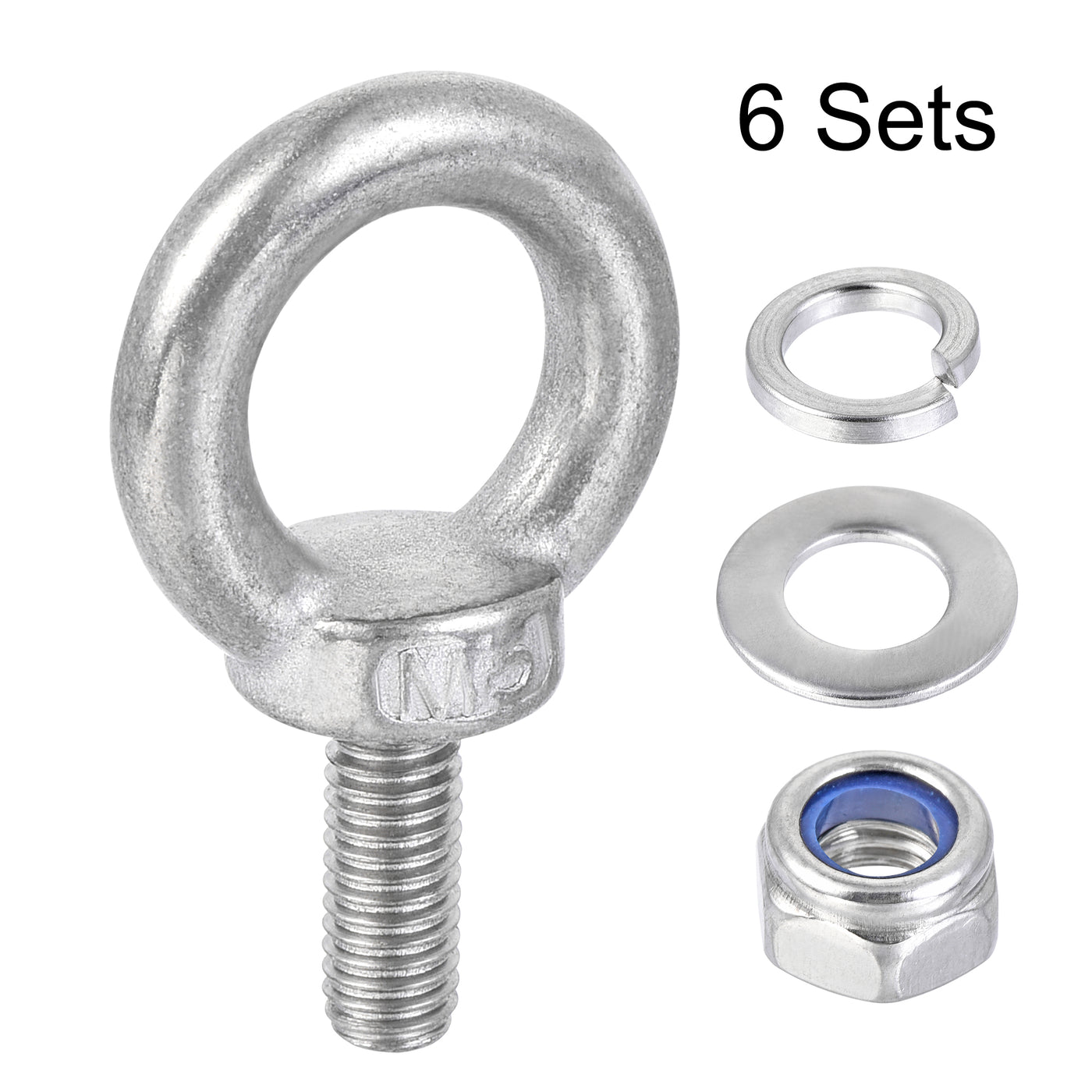 uxcell Uxcell Lifting Eye Bolt M5 x 12.5mm Male Thread with Hex Screw Nut Gasket Flat Washer for Hanging, 304 Stainless Steel, 6 Sets
