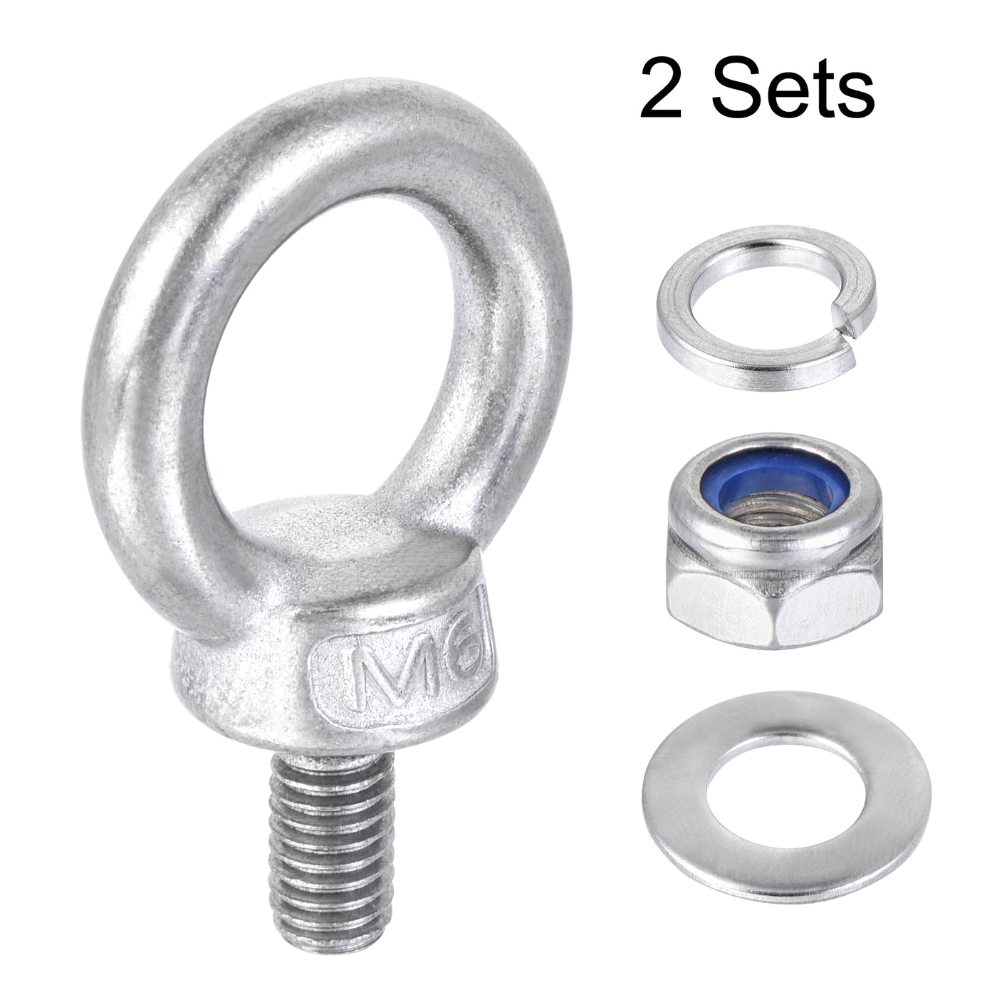 uxcell Uxcell Lifting Eye Bolt M6 x 12mm Male Thread with Hex Screw Nut Gasket Flat Washer for Hanging, 304 Stainless Steel, 2 Sets