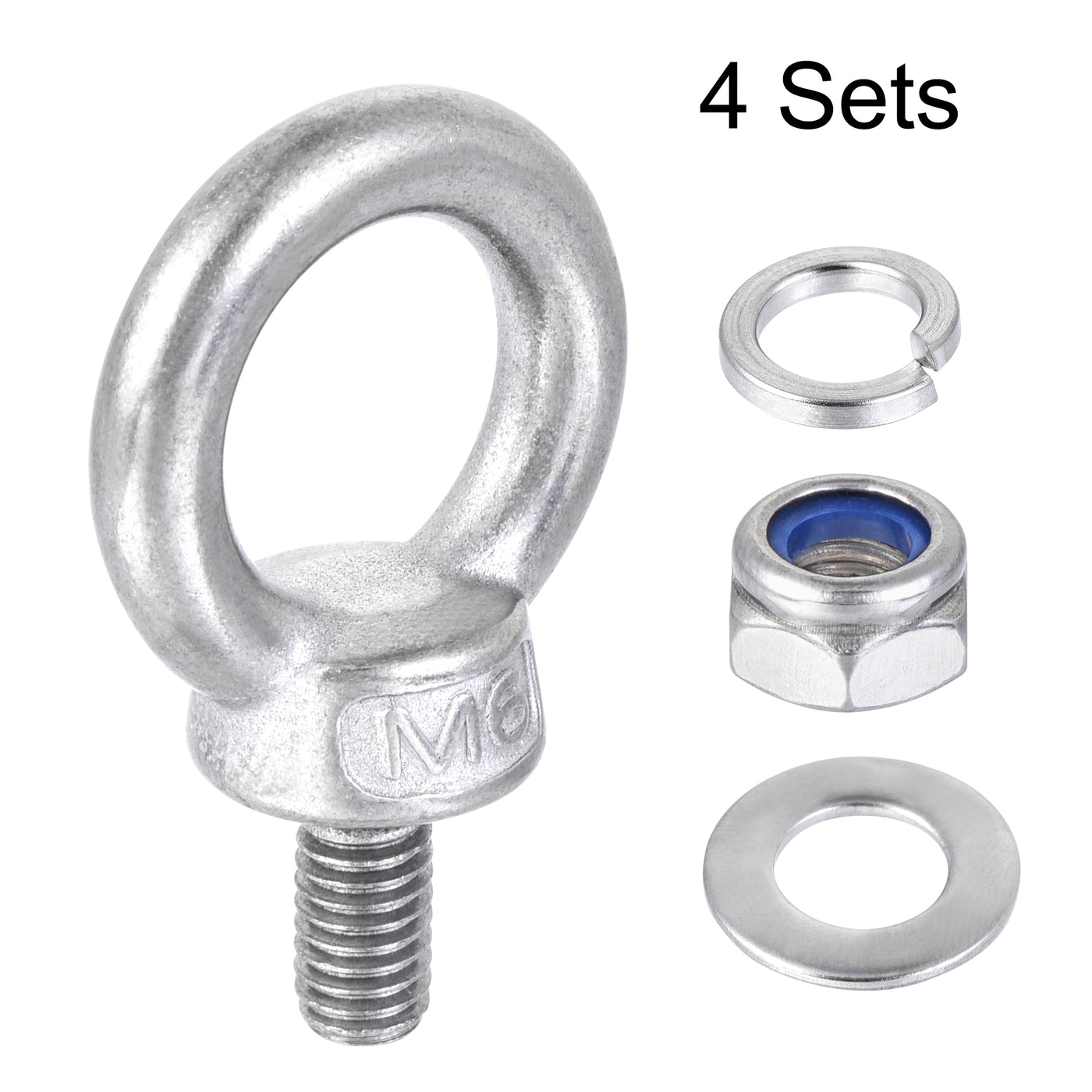 uxcell Uxcell Lifting Eye Bolt M6 x 12mm Male Thread with Hex Screw Nut Gasket Flat Washer for Hanging, 304 Stainless Steel, 4 Sets