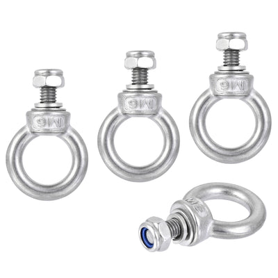 Harfington Uxcell Lifting Eye Bolt M6 x 12mm Male Thread with Hex Screw Nut Gasket Flat Washer for Hanging, 304 Stainless Steel, 4 Sets