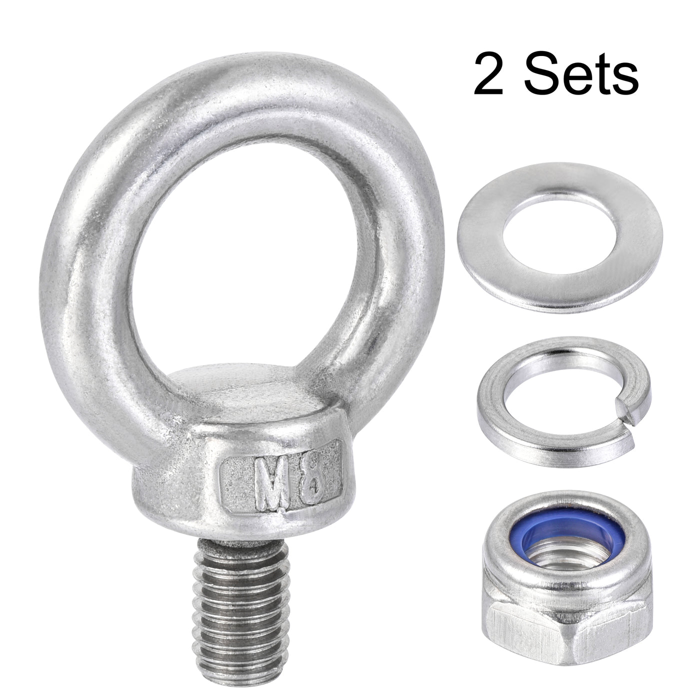 uxcell Uxcell Lifting Eye Bolt M8 x 14mm Male Thread with Hex Screw Nut Gasket Flat Washer for Hanging, 304 Stainless Steel, 2 Sets