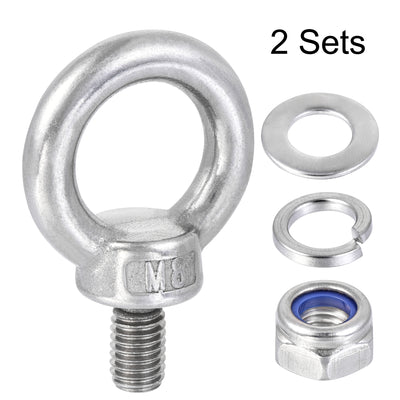 Harfington Uxcell Lifting Eye Bolt M8 x 14mm Male Thread with Hex Screw Nut Gasket Flat Washer for Hanging, 304 Stainless Steel, 2 Sets