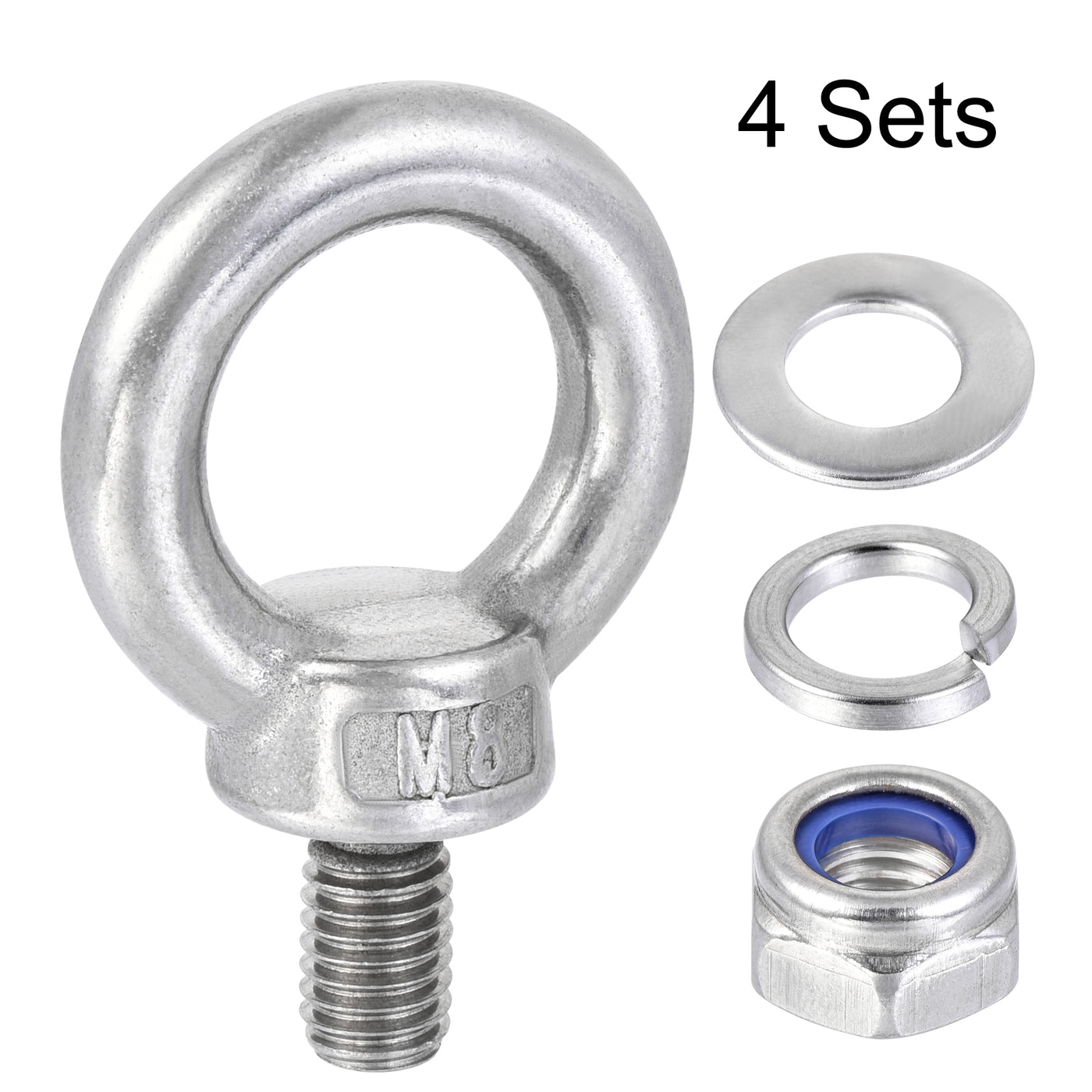uxcell Uxcell Lifting Eye Bolt M8 x 14mm Male Thread with Hex Screw Nut Gasket Flat Washer for Hanging, 304 Stainless Steel, 4 Sets