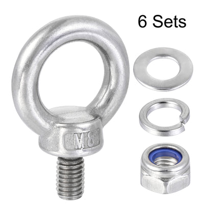Harfington Uxcell Lifting Eye Bolt M8 x 14mm Male Thread with Hex Screw Nut Gasket Flat Washer for Hanging, 304 Stainless Steel, 6 Sets