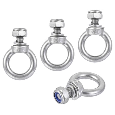 Harfington Uxcell Lifting Eye Bolt M10 x 18mm Male Thread with Hex Screw Nut Gasket Flat Washer for Hanging, 304 Stainless Steel, 4 Sets