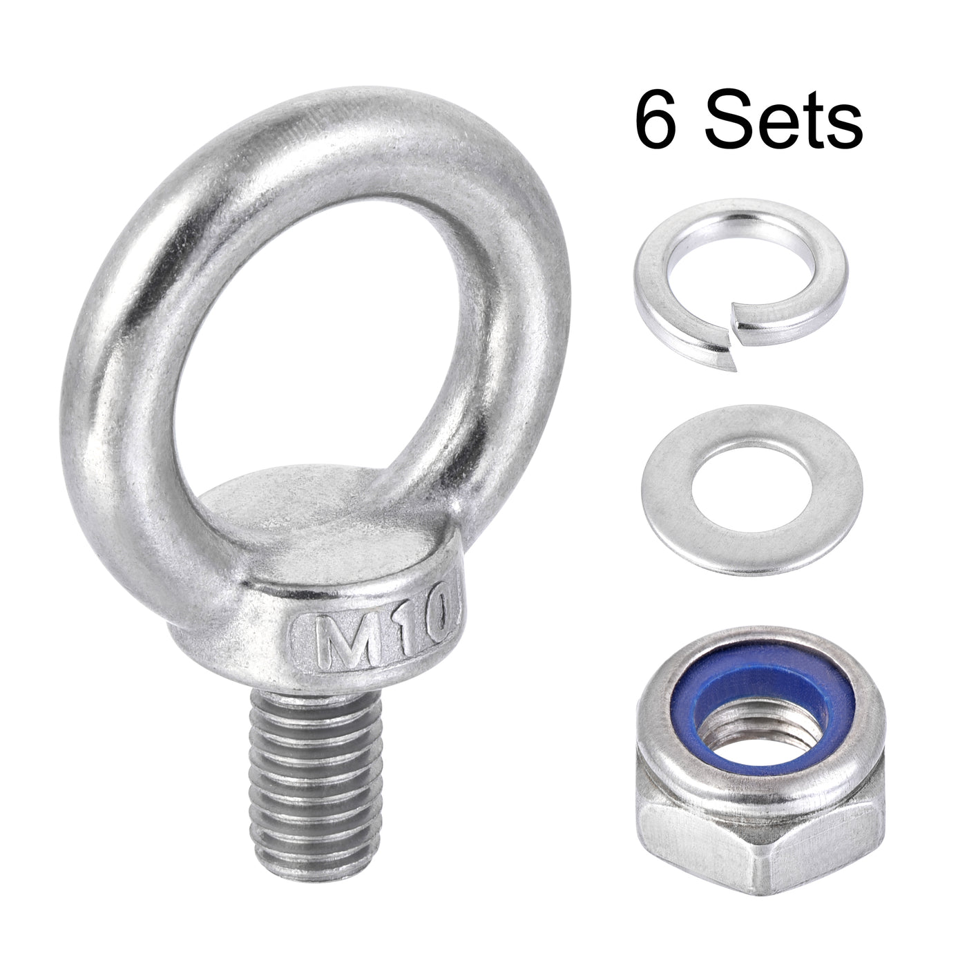 uxcell Uxcell Lifting Eye Bolt M10 x 18mm Male Thread with Hex Screw Nut Gasket Flat Washer for Hanging, 304 Stainless Steel, 6 Sets
