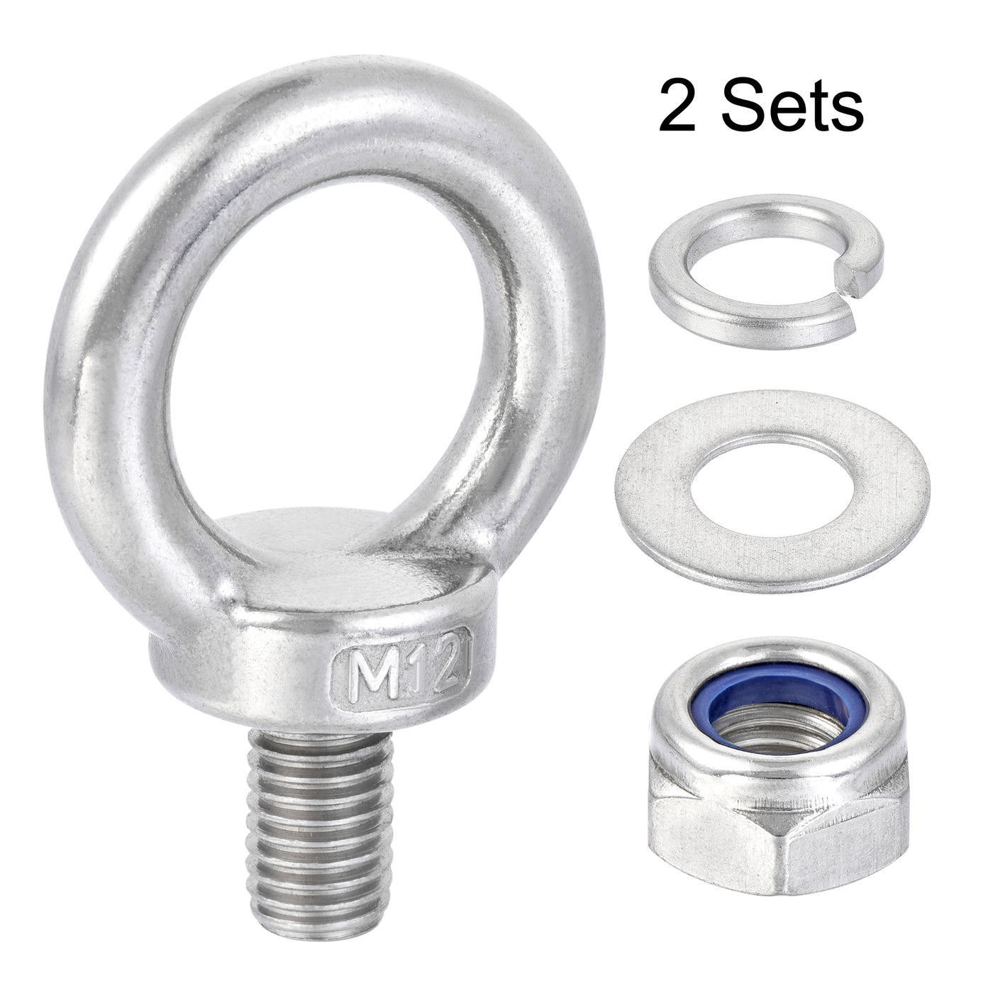 uxcell Uxcell Lifting Eye Bolt M12 x 20mm Male Thread with Hex Screw Nut Gasket Flat Washer for Hanging, 304 Stainless Steel, 2 Sets
