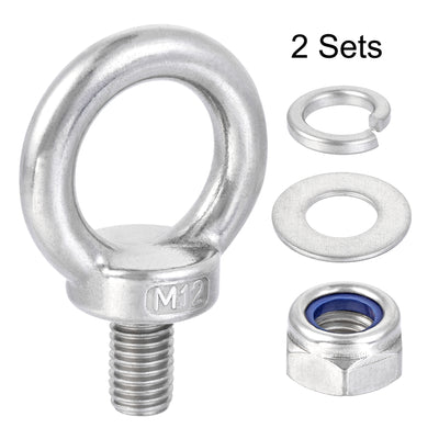 Harfington Uxcell Lifting Eye Bolt M12 x 20mm Male Thread with Hex Screw Nut Gasket Flat Washer for Hanging, 304 Stainless Steel, 2 Sets