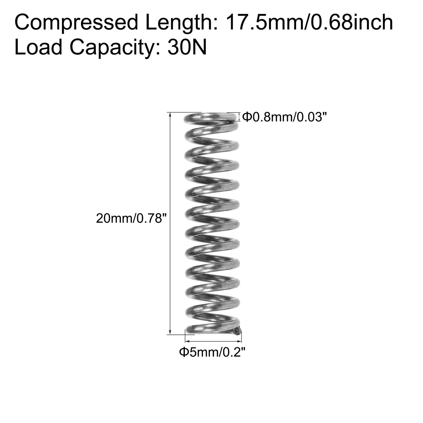 uxcell Uxcell Compressed Spring,5mmx0.8mmx20mm Free Length,35.3N Load Capacity,Gray,10pcs
