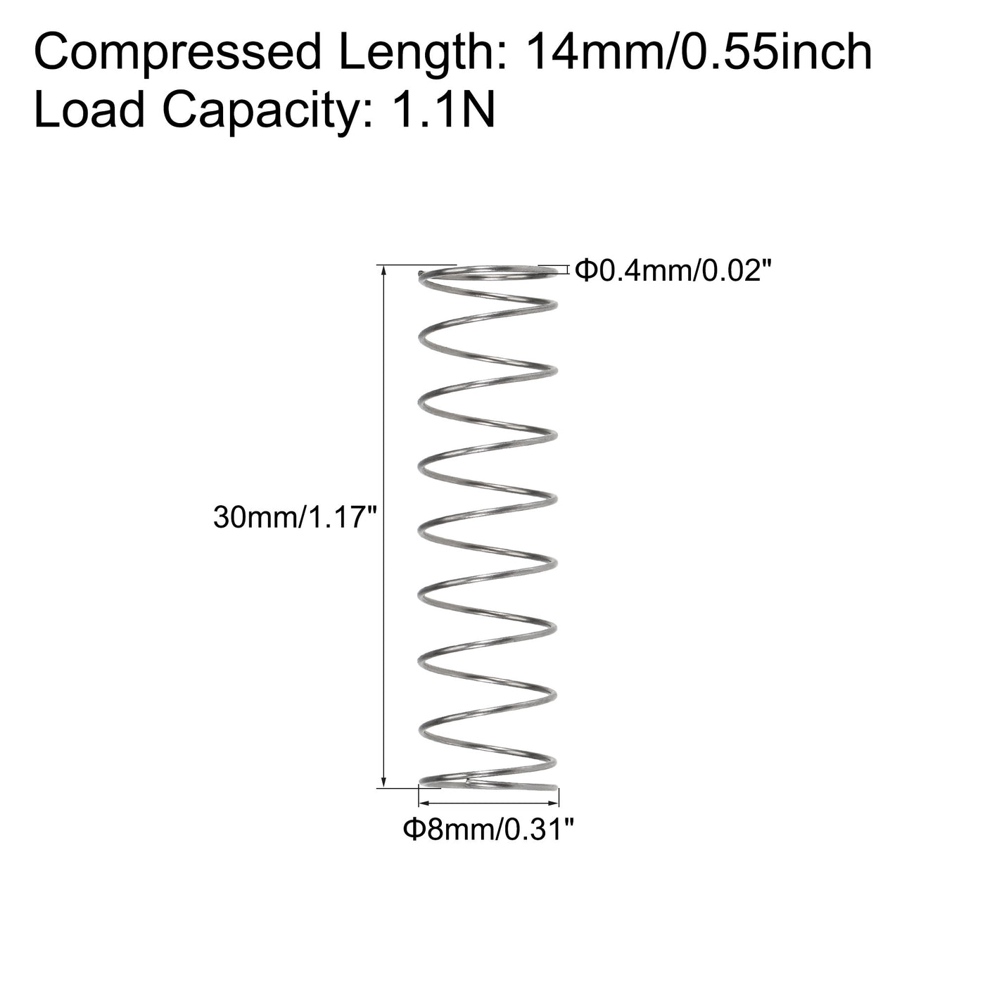 uxcell Uxcell Compressed Spring,8mmx0.4mmx30mm Free Length,1.1N Load Capacity,Gray,30pcs