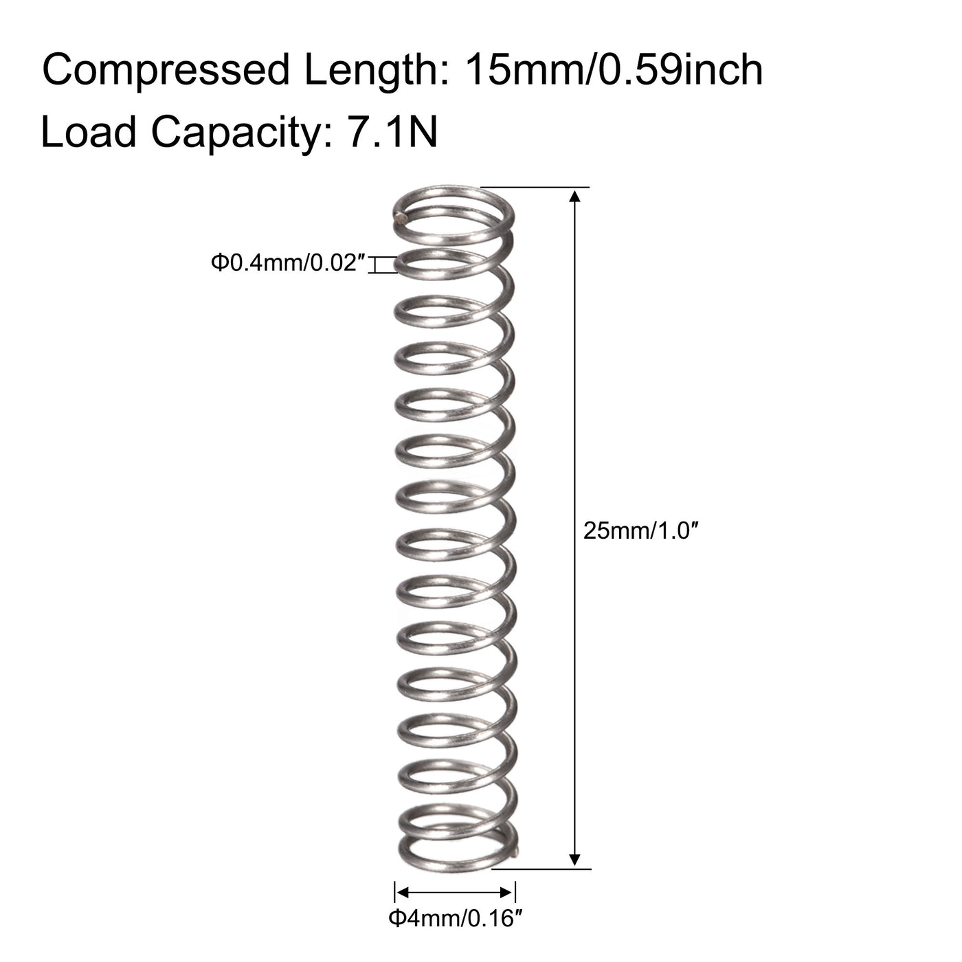 uxcell Uxcell Compressed Spring,4mmx0.4mmx25mm Free Length,7.1N Load Capacity,Gray,10pcs
