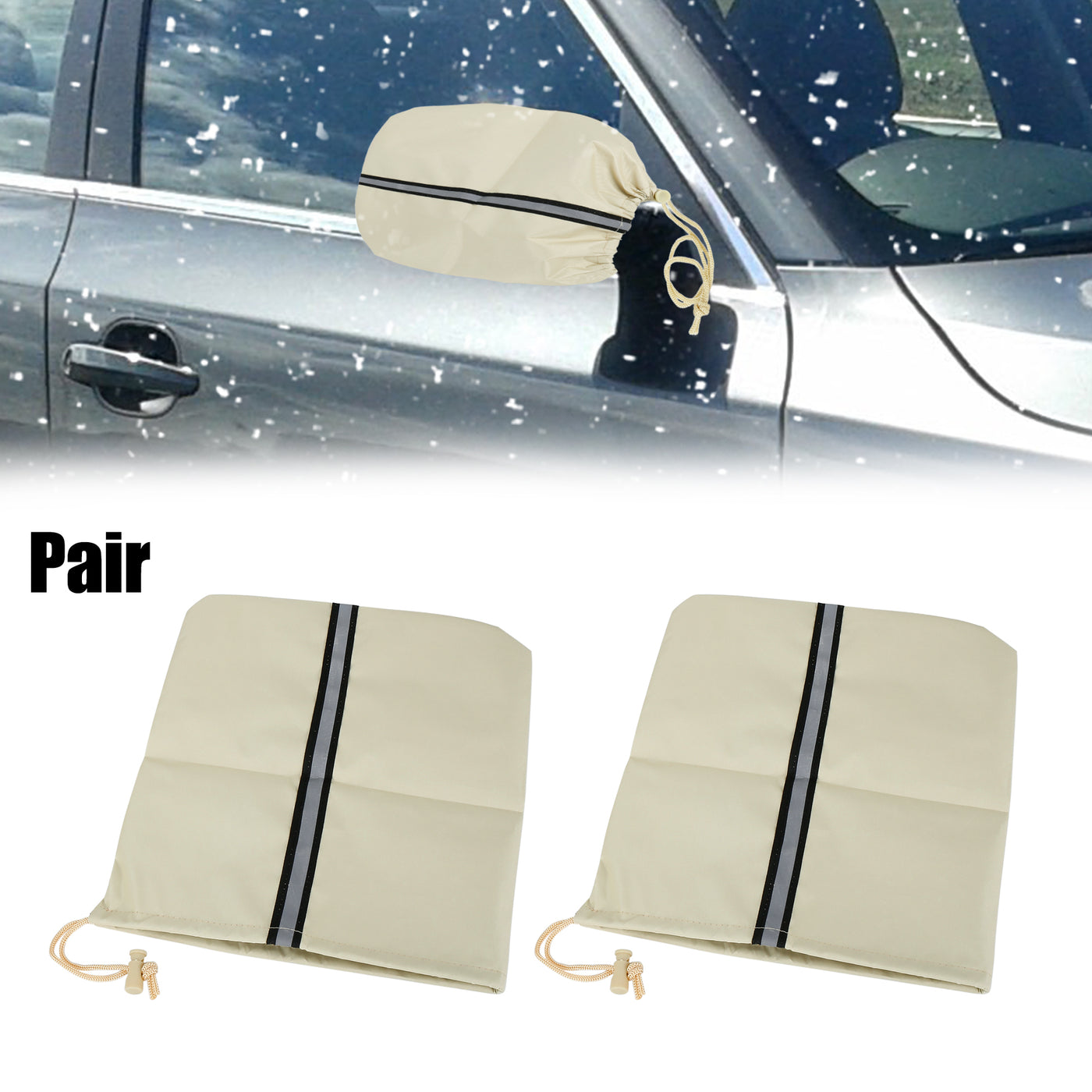X AUTOHAUX Pair Beige Small Rear Side View Mirror Cover Bag with Reflective Strip for Car Vehicle