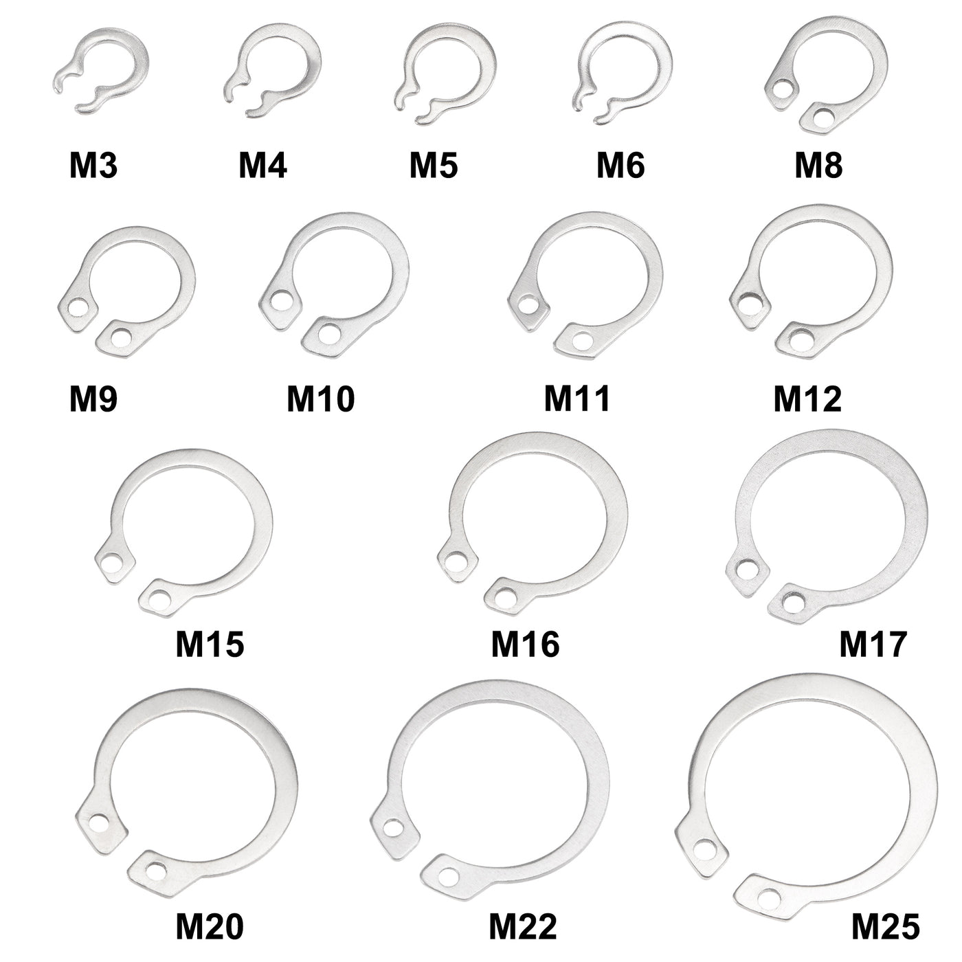 uxcell Uxcell 225Pcs 15-Size External Retaining Ring 304 Stainless Steel Assortment Set Silver