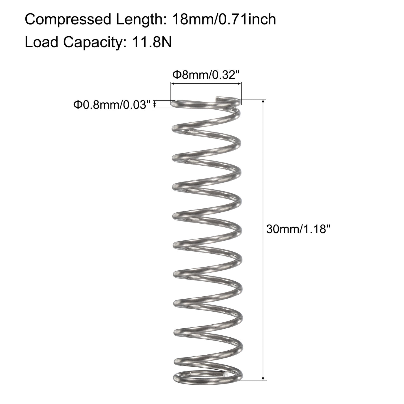 uxcell Uxcell 8mmx0.8mmx30mm 304 Stainless Steel Compression Spring 11.8N Load Capacity 30pcs