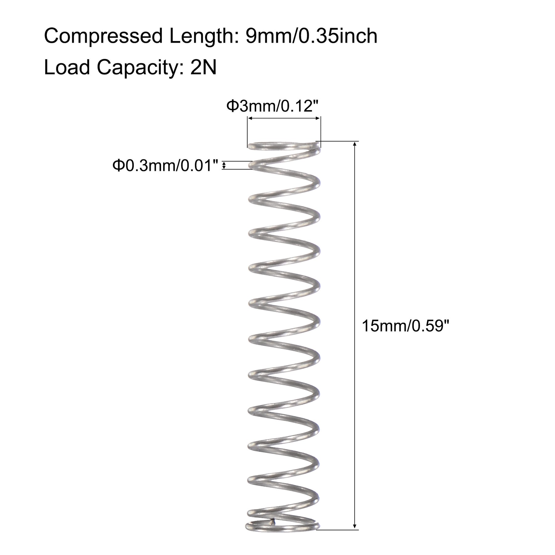 Uxcell 3mmx0.3mmx15mm 304 Stainless Steel Compression Spring 2N Load ...