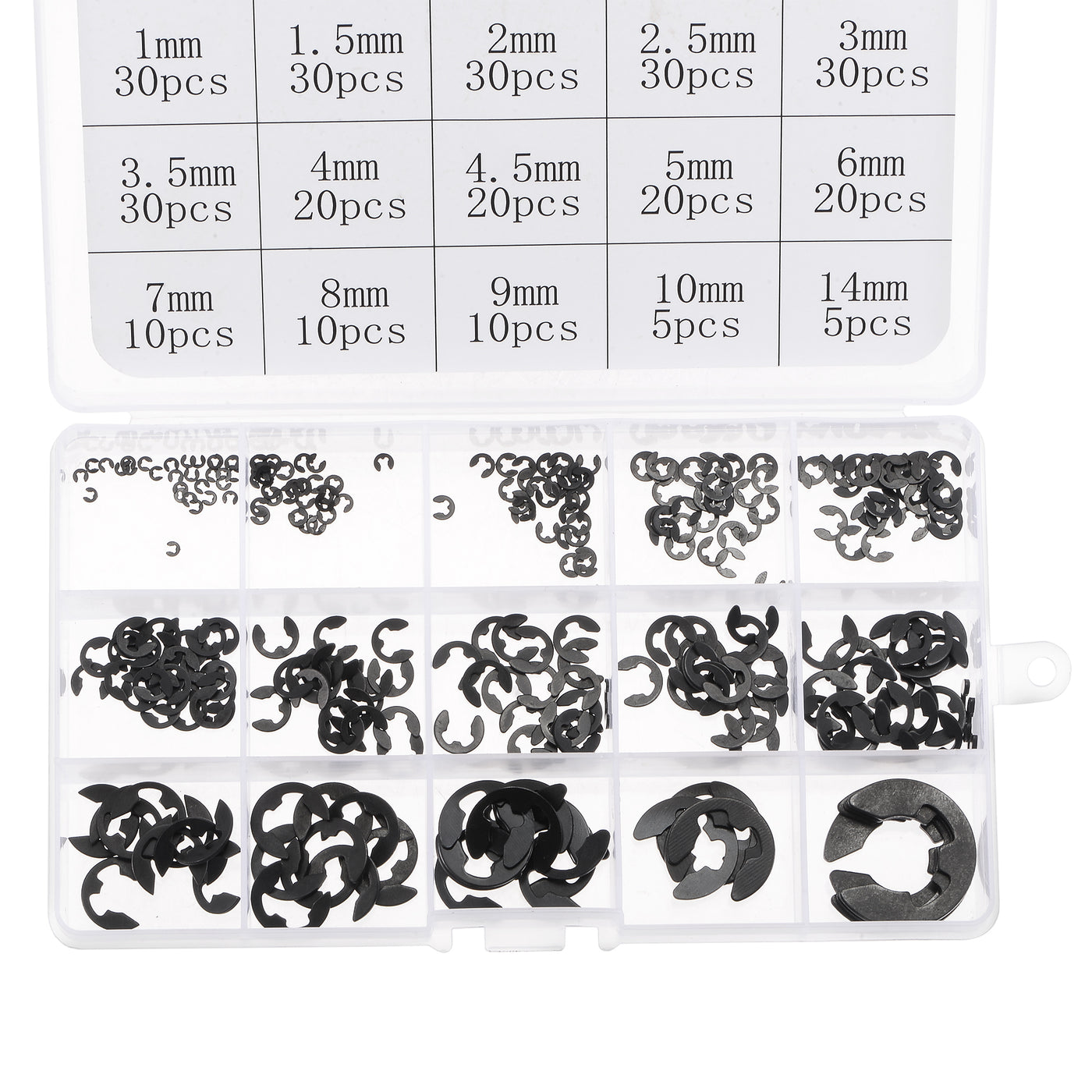 uxcell Uxcell E-Clip 300Pcs 15-Size External Retaining Ring Carbon Steel Set Size: 1mm to 14mm