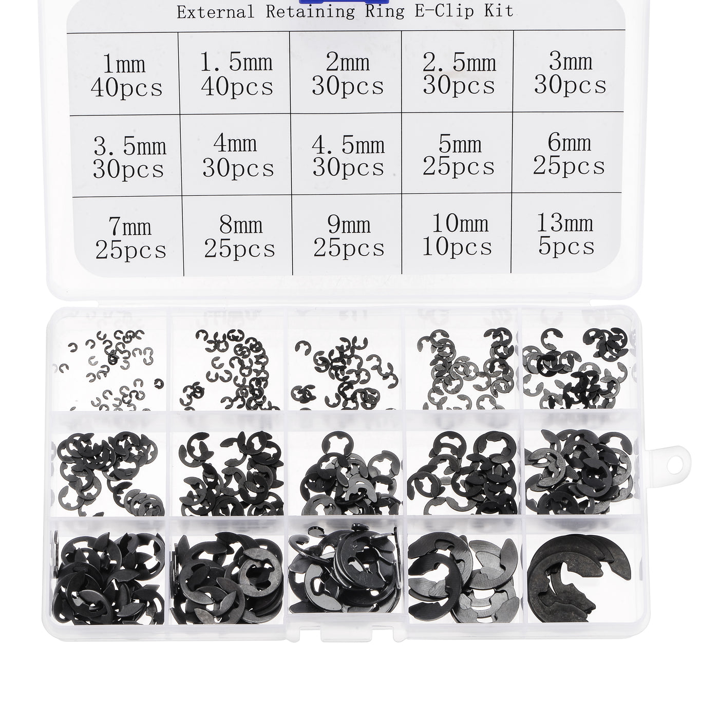 uxcell Uxcell E-Clip 400Pcs 15-Size External Retaining Ring Carbon Steel Set Size: 1mm to 13mm