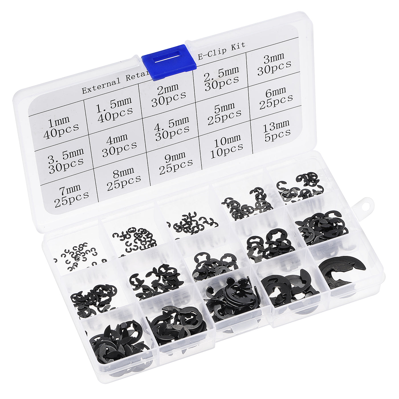 uxcell Uxcell E-Clip 400Pcs 15-Size External Retaining Ring Carbon Steel Set Size: 1mm to 13mm