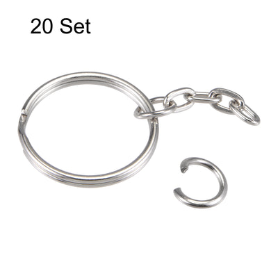 Harfington Uxcell Split Key Ring with 4 Links Chain 1.5x25mm, with 8mm Open Jump Ring Connector for Lanyard Zipper Handbag Art Craft, Nickel Plated Iron, Pack of 20
