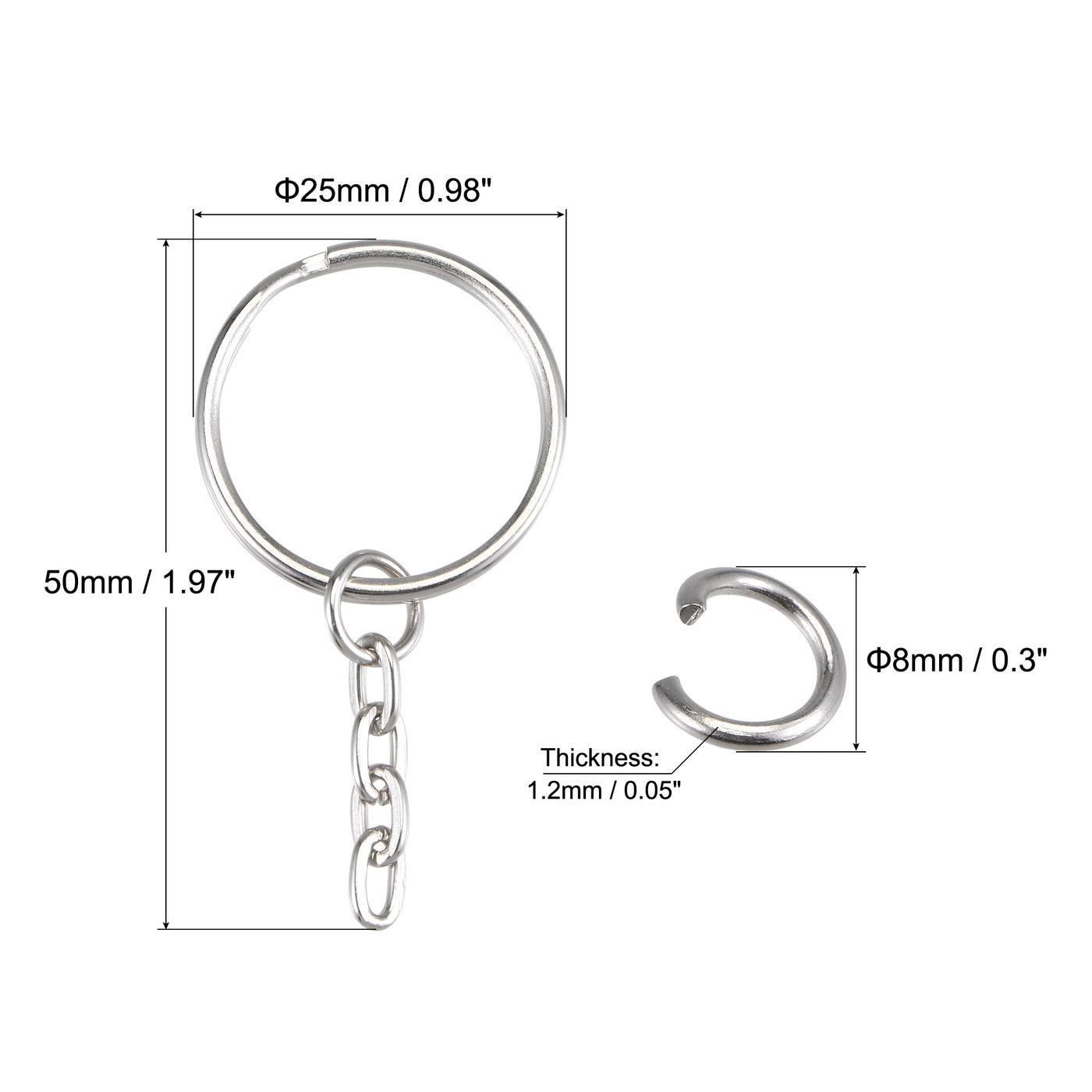 uxcell Uxcell Split Key Ring with 4 Links Chain 1.5x25mm, with 8mm Open Jump Ring Connector for Lanyard Zipper Handbag Art Craft, Nickel Plated Iron, Pack of 20
