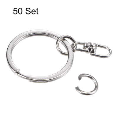 Harfington Uxcell Flat Split Key Ring with Swivel Chain 2x25mm, with 8mm Open Jump Ring Connector for Lanyard Zipper Handbag Art Craft, Nickel Plated Iron, Pack of 50